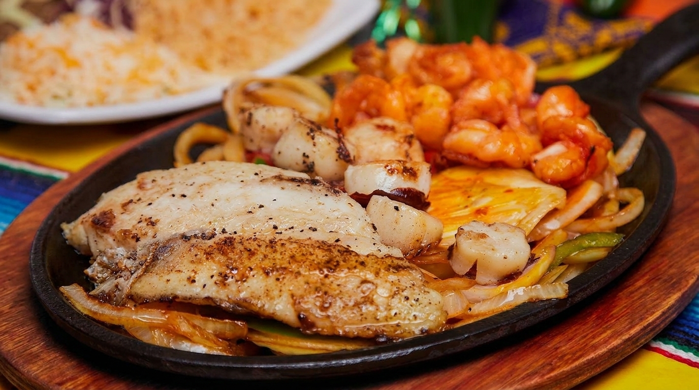 Sizzling fajita platter with grilled fish, scallops, shrimp, and sautéed onions on a wooden board.