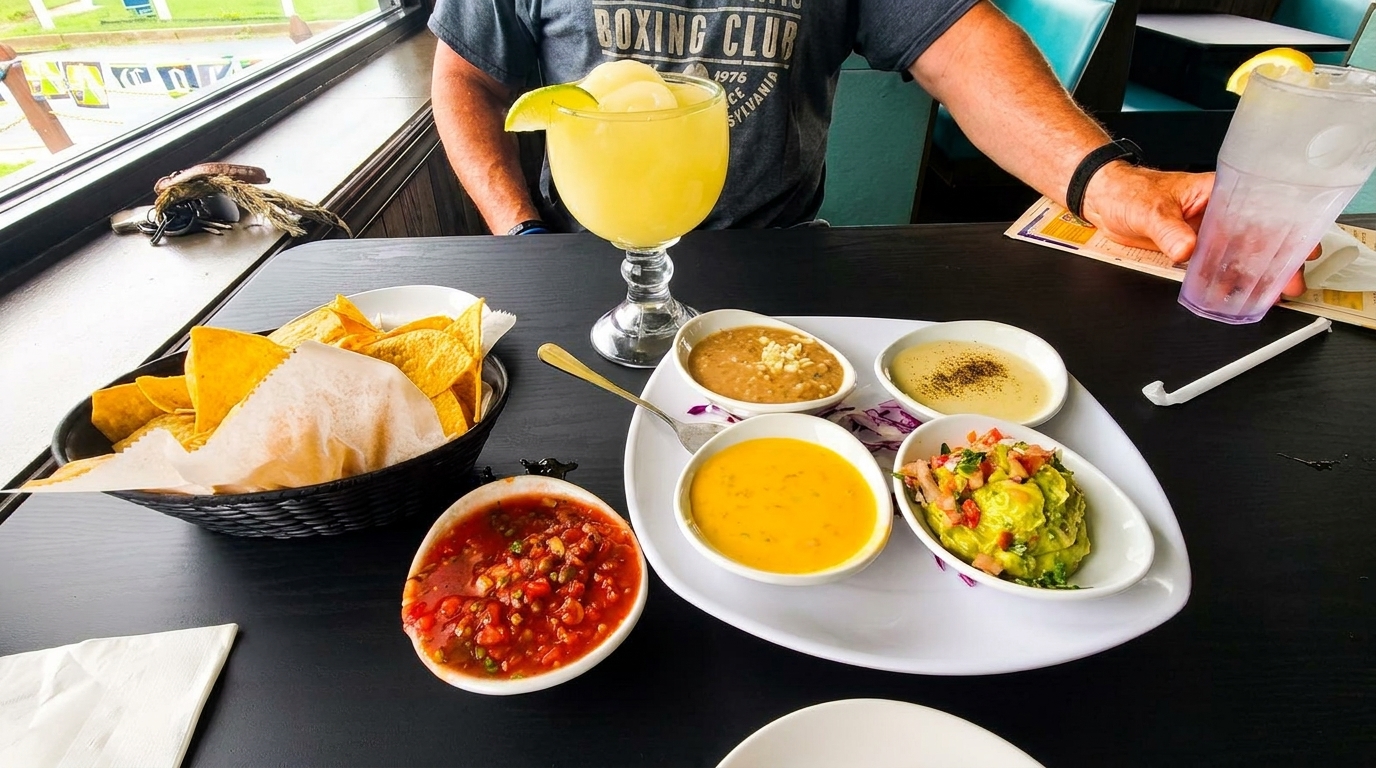 A person's arms are visible at a table with chips, salsa, guacamole, and other dips.