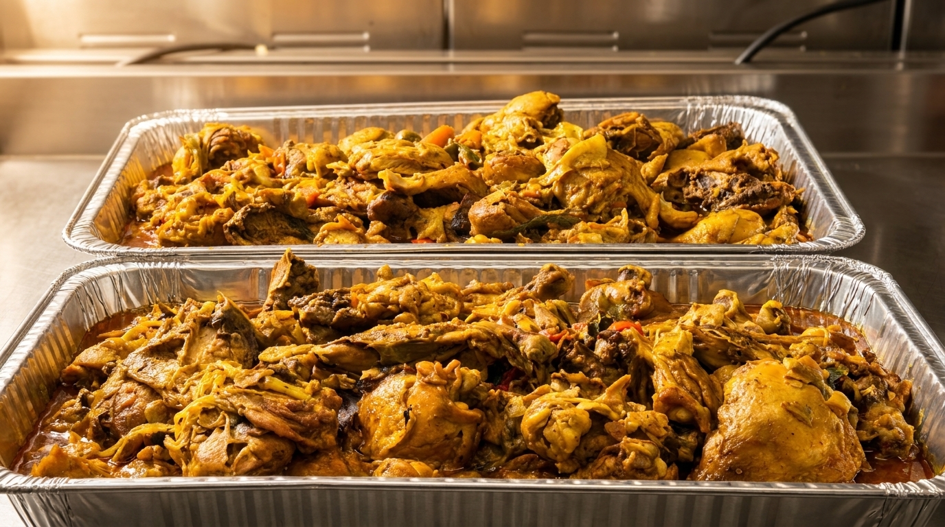 Two large foil pans filled with golden-brown chicken curry, ready for serving.
