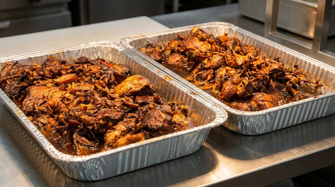 Two large aluminum trays filled with dark, saucy jerk chicken and vegetables on a metal counter.