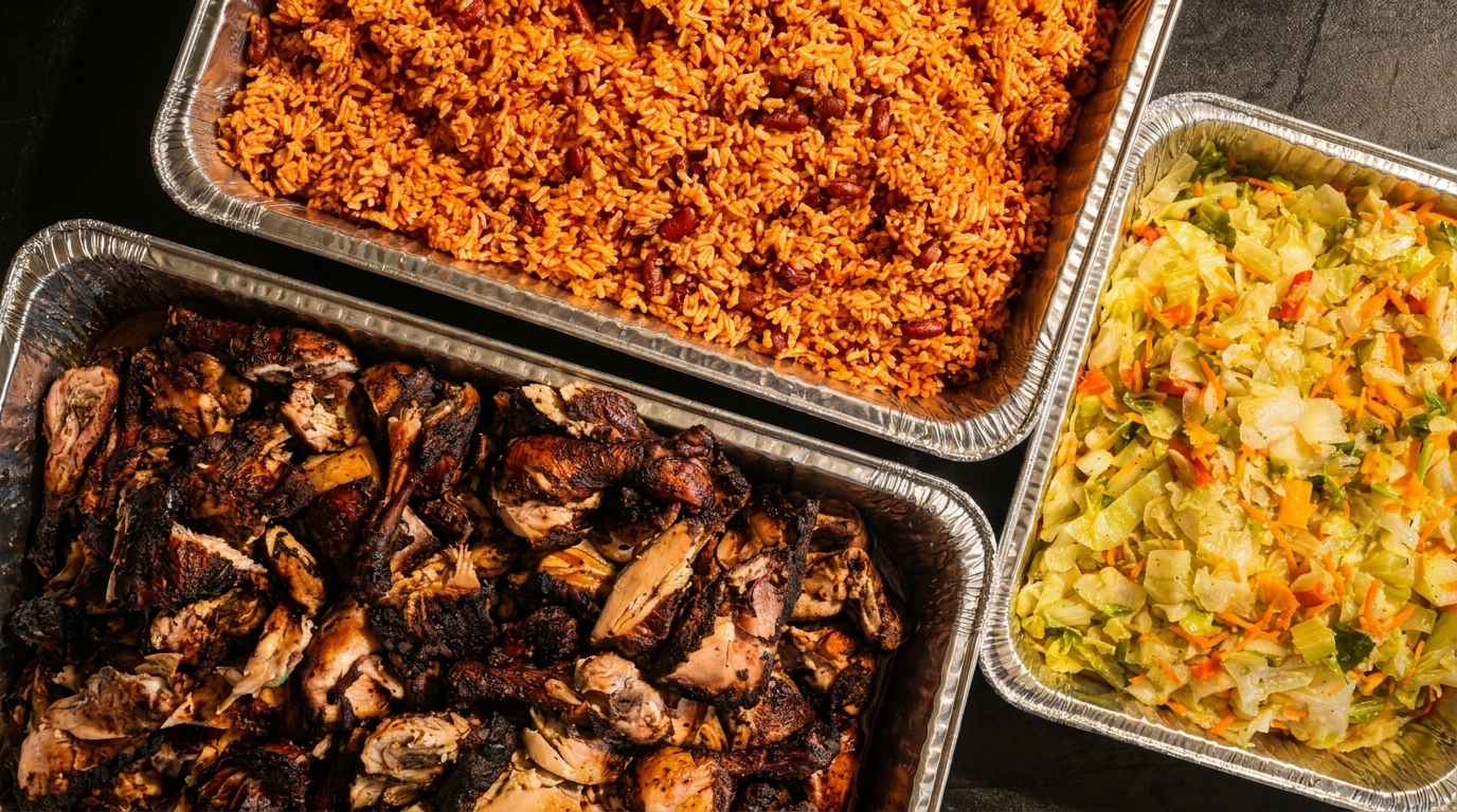 Three foil trays filled with jerk chicken, rice and peas, and steamed cabbage.