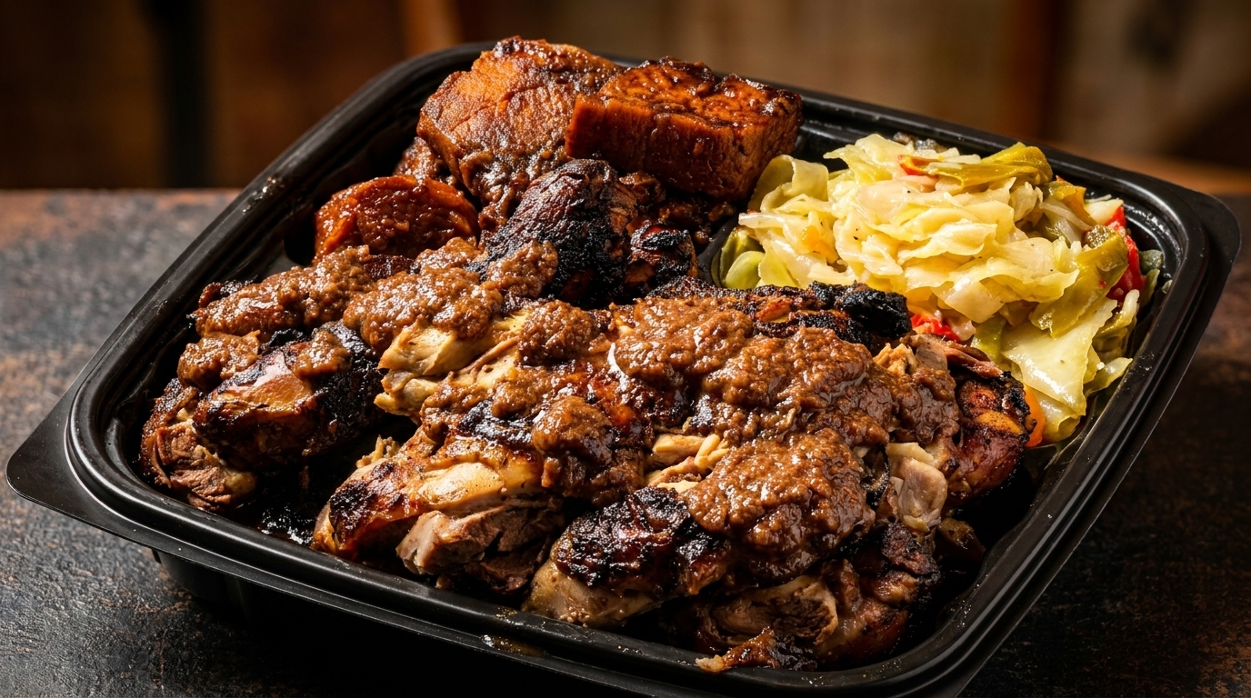 A black takeout container filled with jerk chicken, sweet potatoes, and sautéed cabbage.