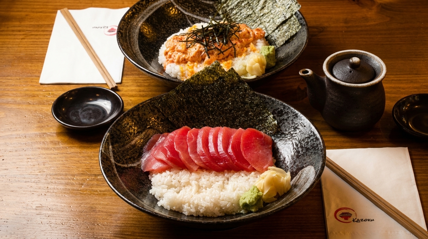 Two bowls of Japanese donburi, one with tuna sashimi and the other with spicy salmon, on a wooden table.