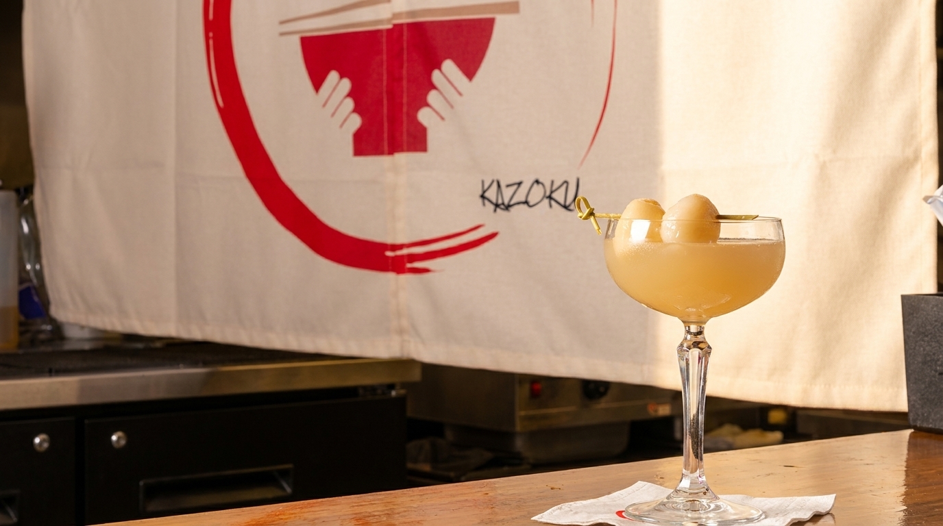 A light-colored cocktail with two lychee fruits on a pick, in front of a Kazoku banner.