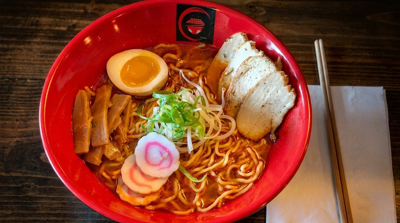 A vibrant red bowl of ramen with chicken, egg, scallions, and fish cakes on a wooden table.