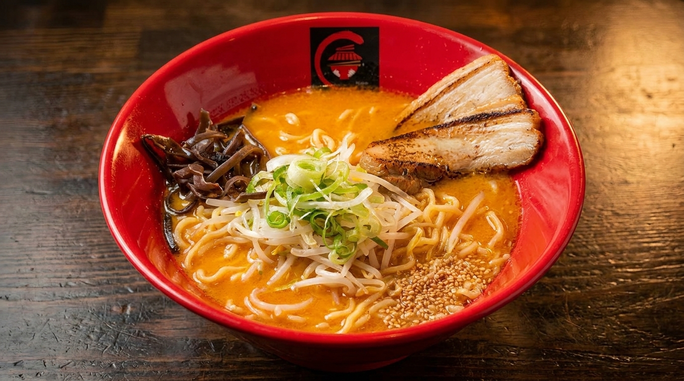 A vibrant red bowl of ramen with pork belly, bean sprouts, scallions, wood ear mushrooms, and sesame seeds.