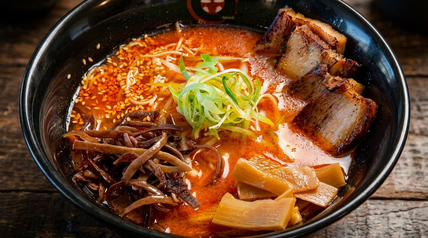 Spicy ramen bowl with pork belly, green onions, bamboo shoots, and wood ear mushrooms.