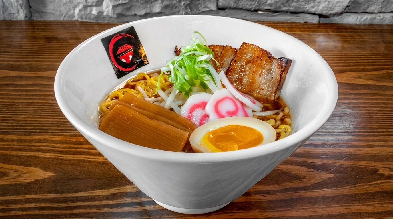A bowl of ramen with pork belly, bamboo shoots, scallions, fish cake, and a soft-boiled egg.