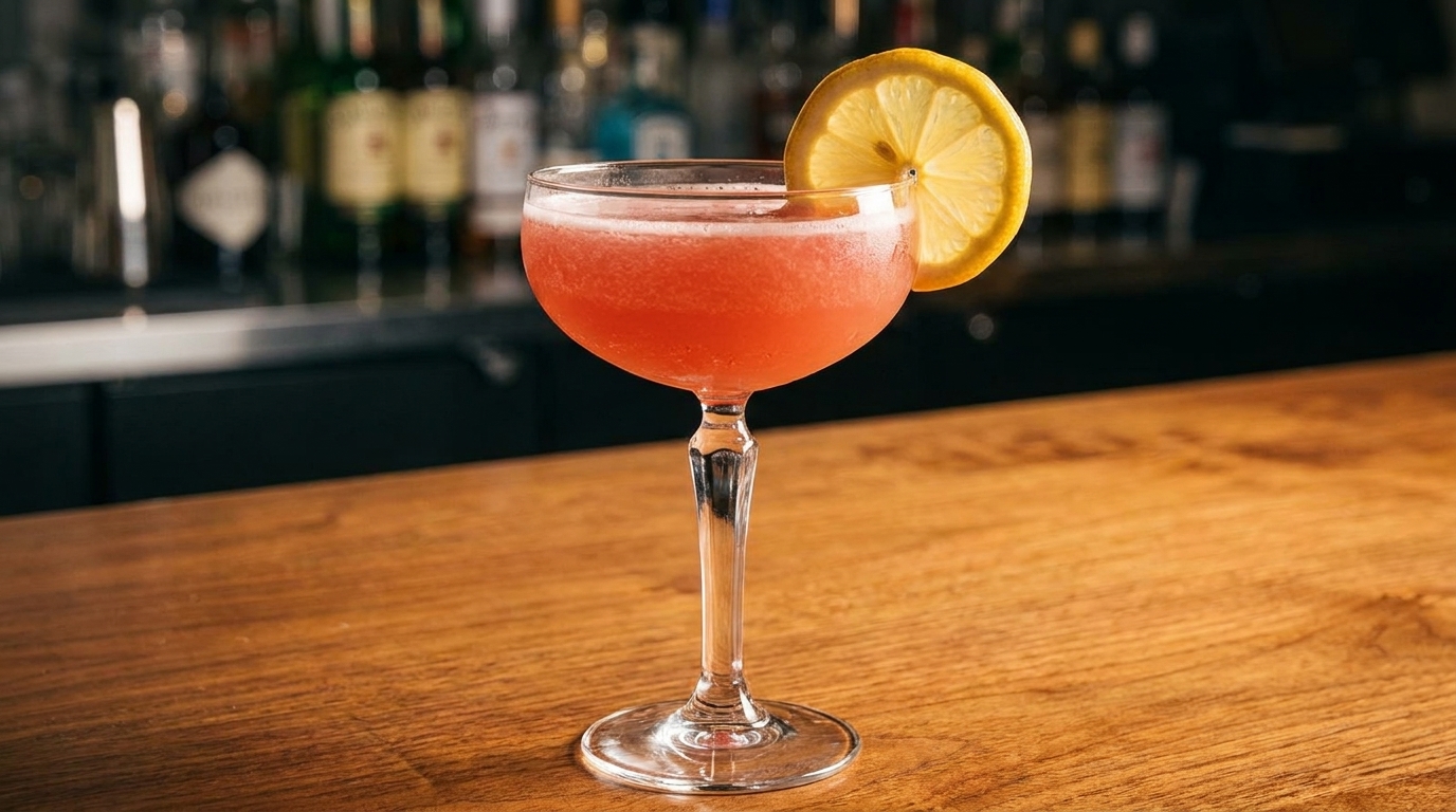 A vibrant red cocktail in a coupe glass, garnished with a lemon slice, on a wooden bar.