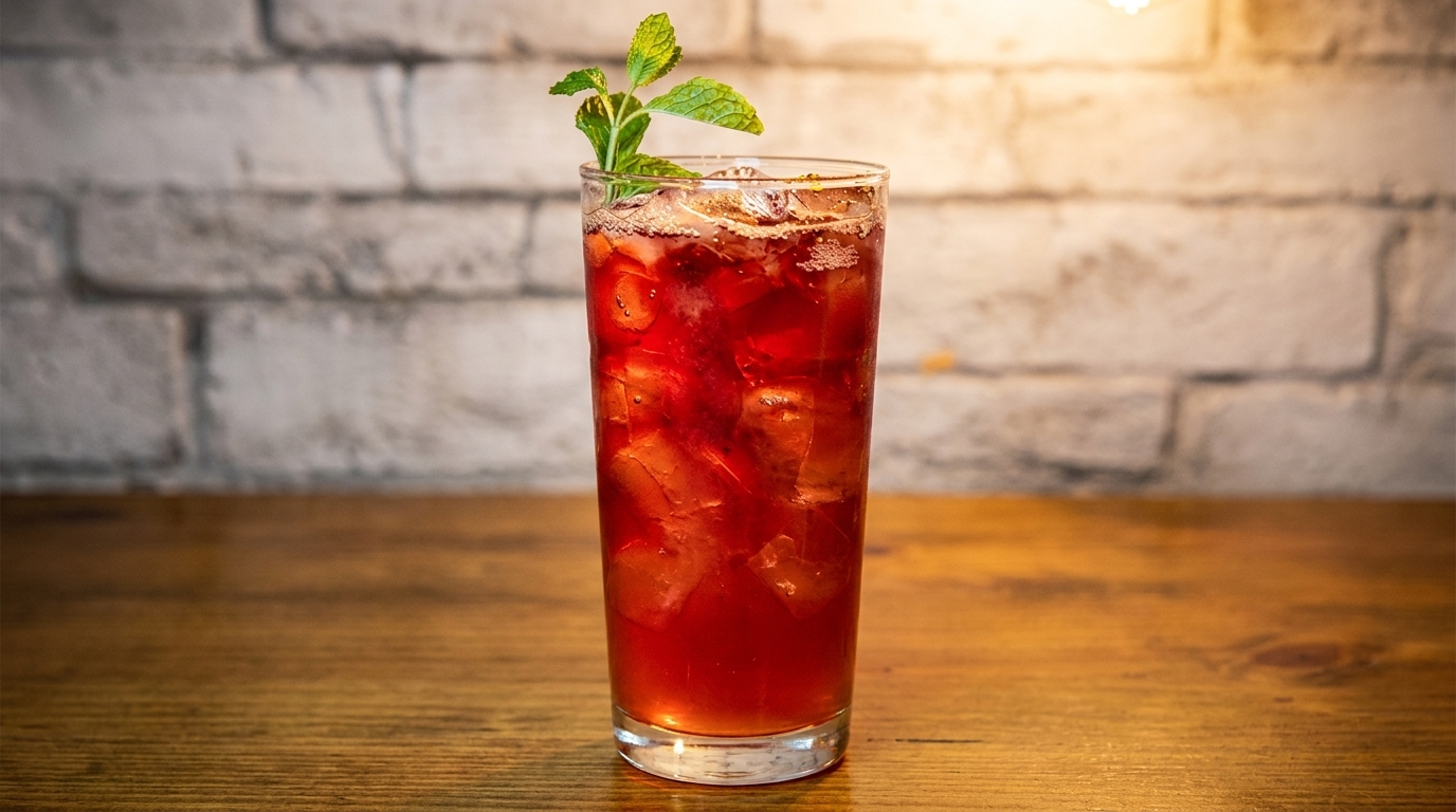 Tall glass of red iced tea with mint garnish on a wooden table.