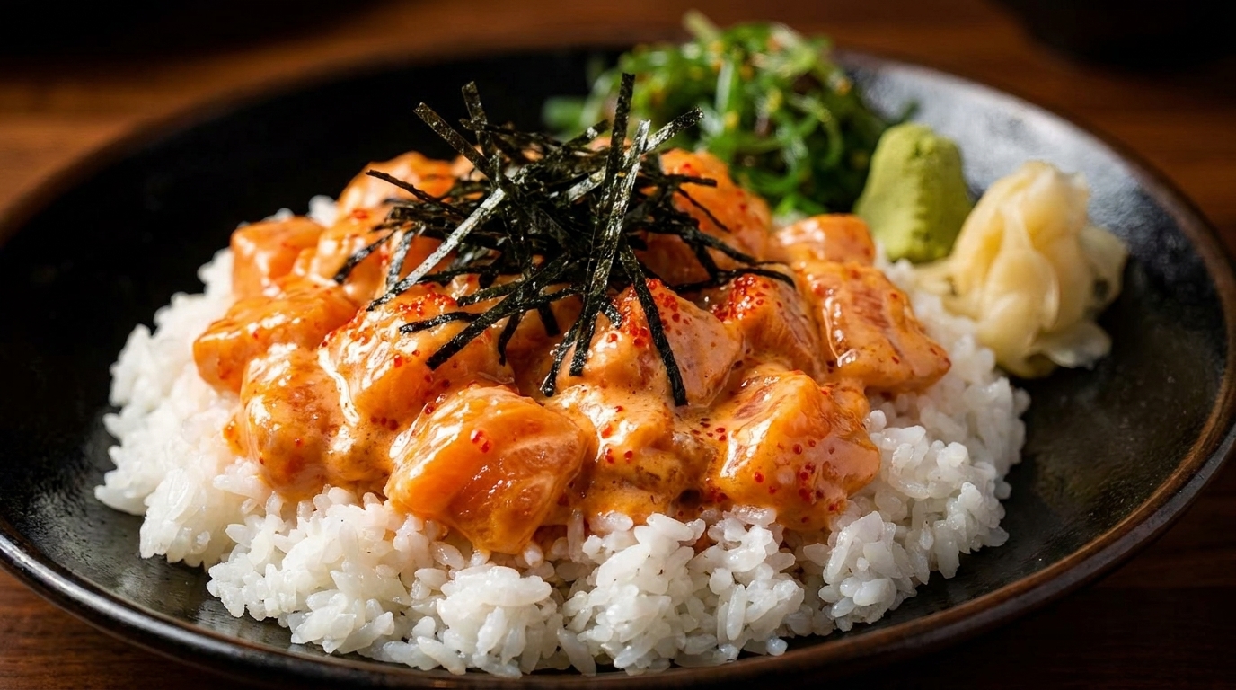 Spicy salmon poke bowl with rice, seaweed, wasabi, and pickled ginger on a dark plate.