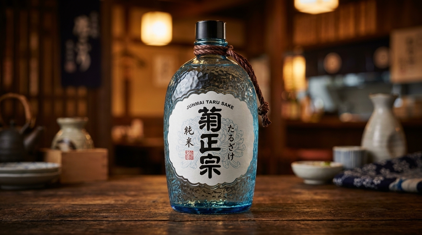 A bottle of Junmai Taru Sake on a wooden table with traditional Japanese pottery in a restaurant.