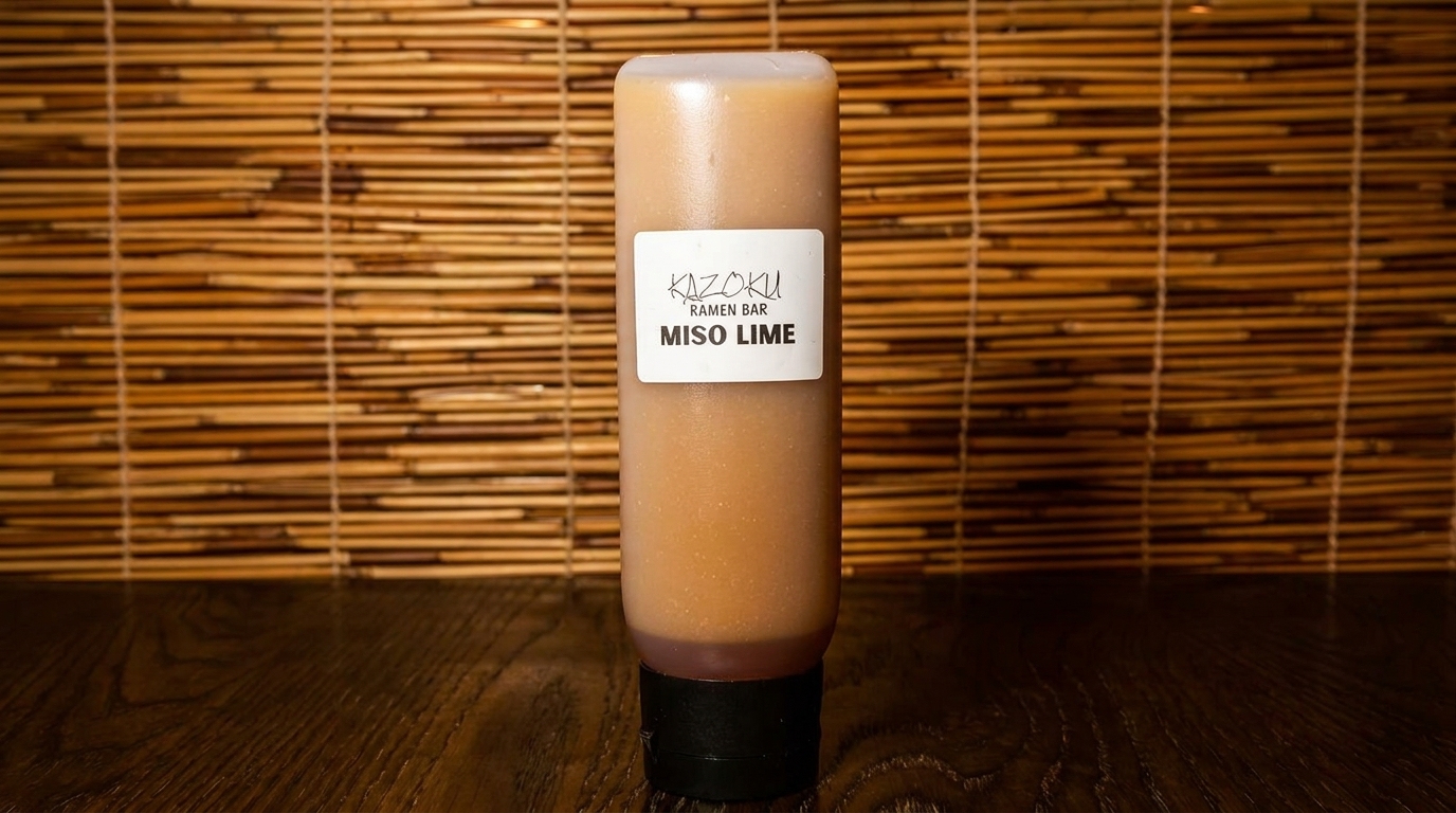 A squeeze bottle of Kazoku Ramen Bar Miso Lime sauce sits on a wooden table.