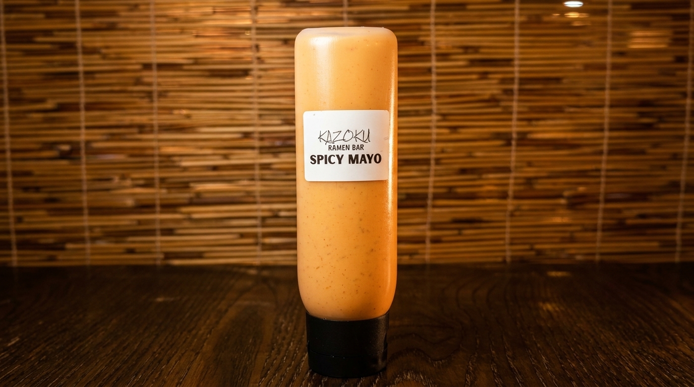 A bottle of Kazoku Ramen Bar Spicy Mayo stands on a dark wooden surface against a bamboo background.
