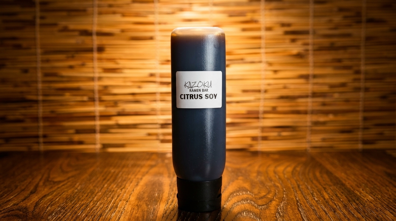 A bottle of Kazoku Ramen Bar Citrus Soy sauce on a wooden table with a bamboo mat background.