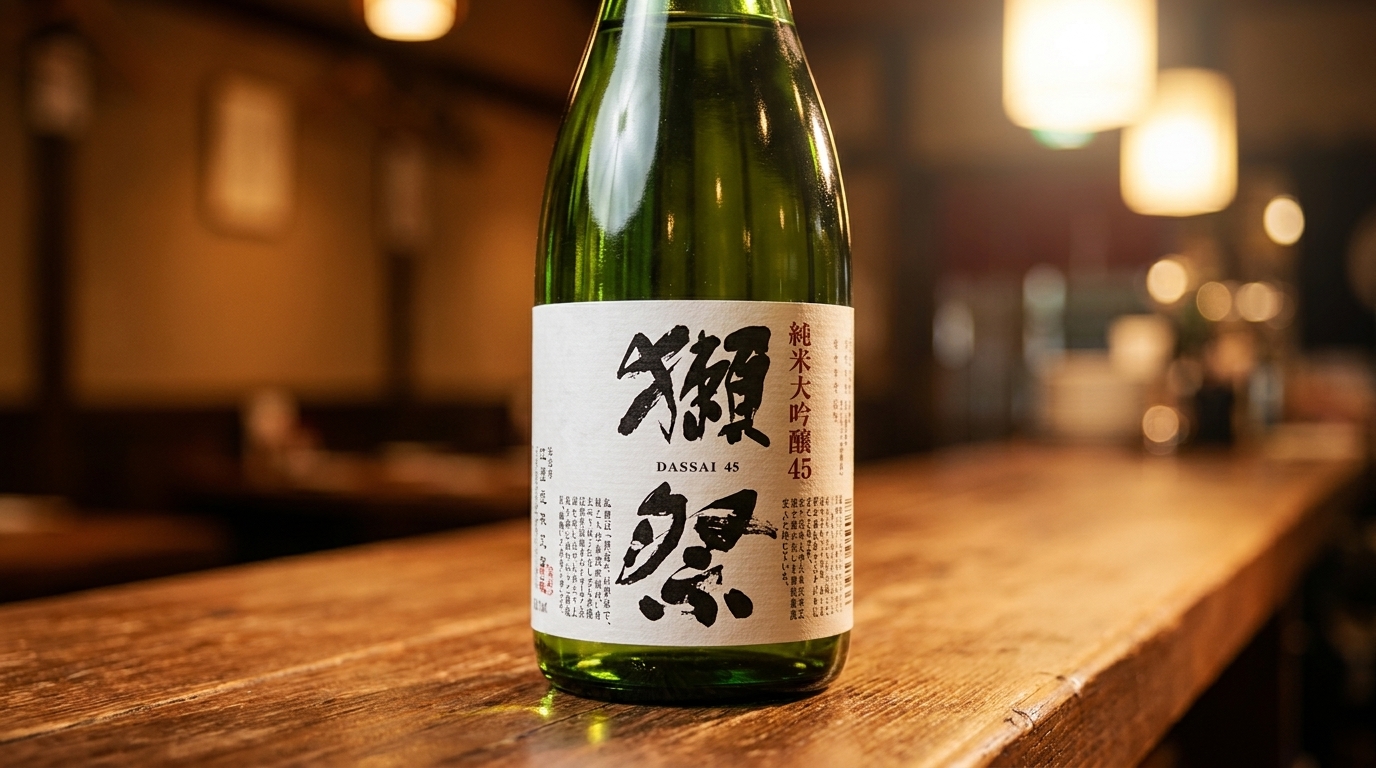 A green bottle of Dassai 45 sake with a white label sits on a wooden bar.