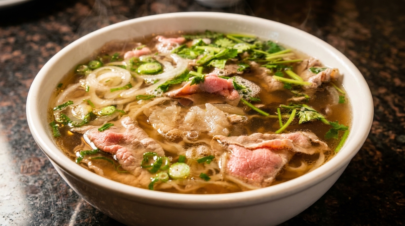 Steaming bowl of pho with beef, noodles, onions, and cilantro in a rich broth.
