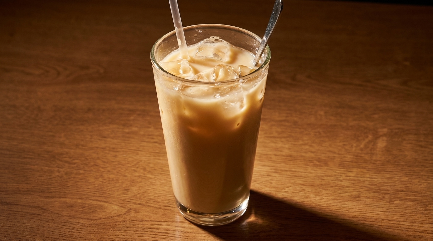 Iced coffee with a straw and spoon in a tall glass on a wooden table.