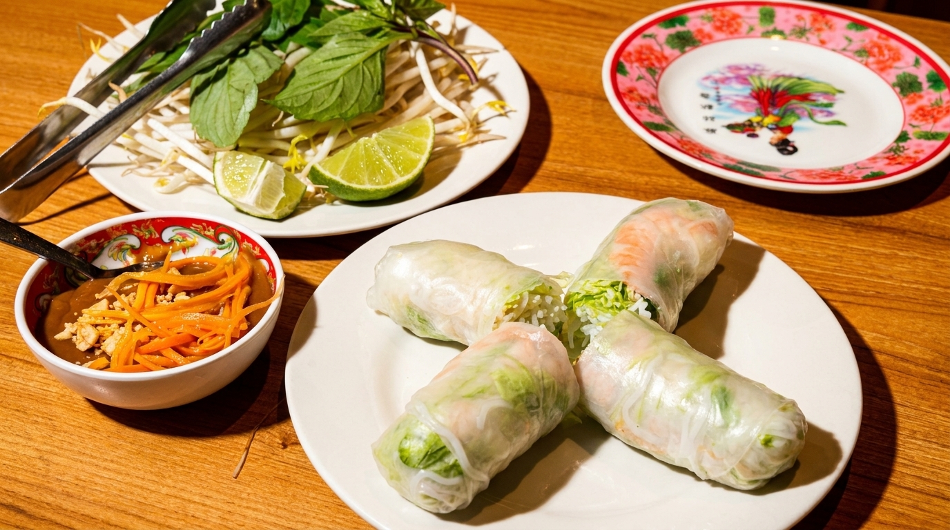 Fresh spring rolls with shrimp and vegetables, served with peanut sauce and a side of herbs.