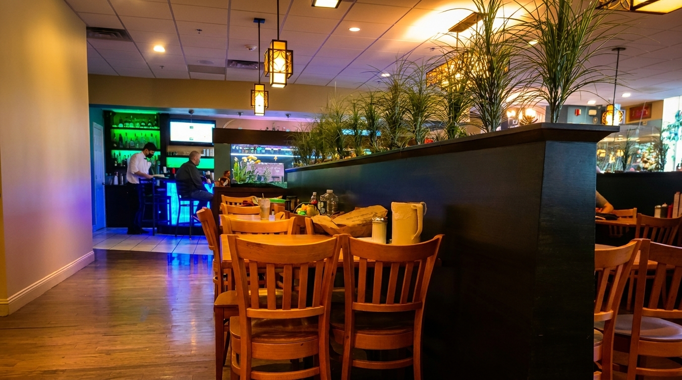 Restaurant interior with wooden tables and chairs, a bar with blue lighting, and decorative plants.