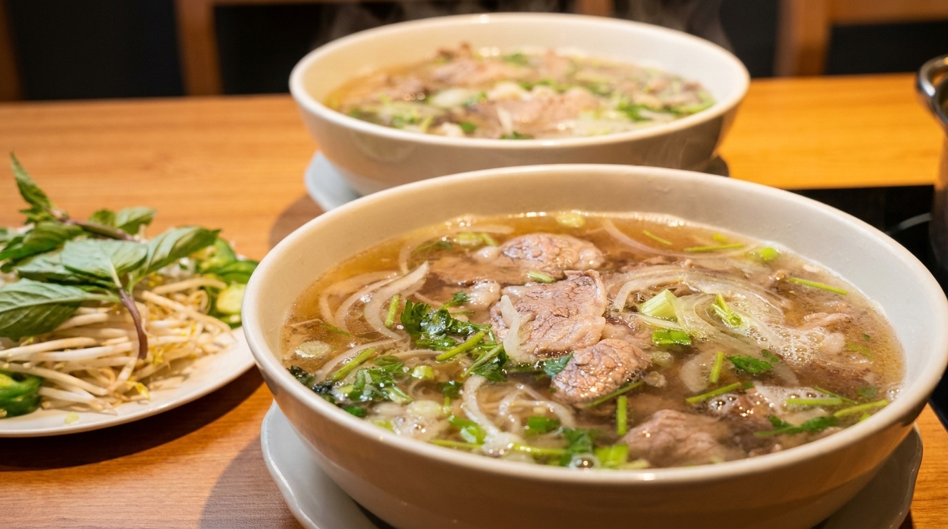Two steaming bowls of pho with beef, noodles, and herbs, alongside a plate of fresh garnishes.