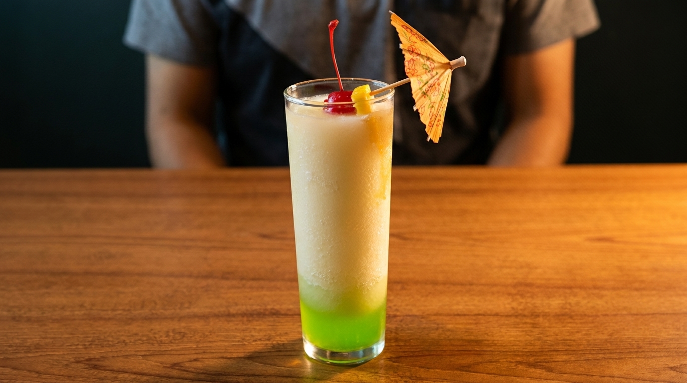 Tall tropical drink with green and white layers, cherry, pineapple, and umbrella on a wooden table.