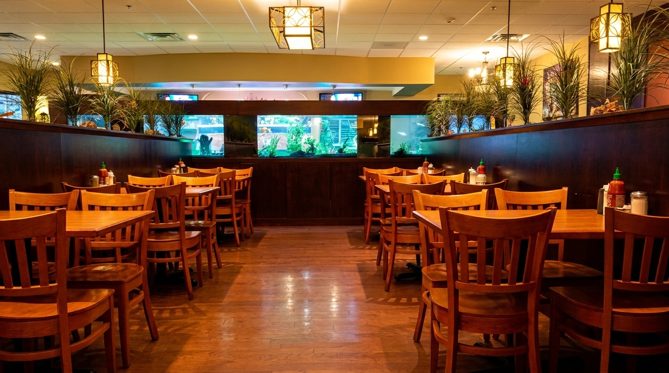 Restaurant dining room with wooden tables and chairs, aquariums, and hanging light fixtures.