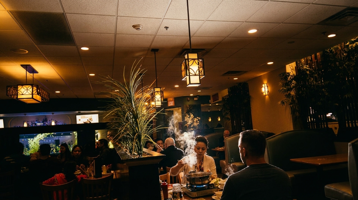 Diners enjoying hot pot at a restaurant with warm lighting and decorative plants.