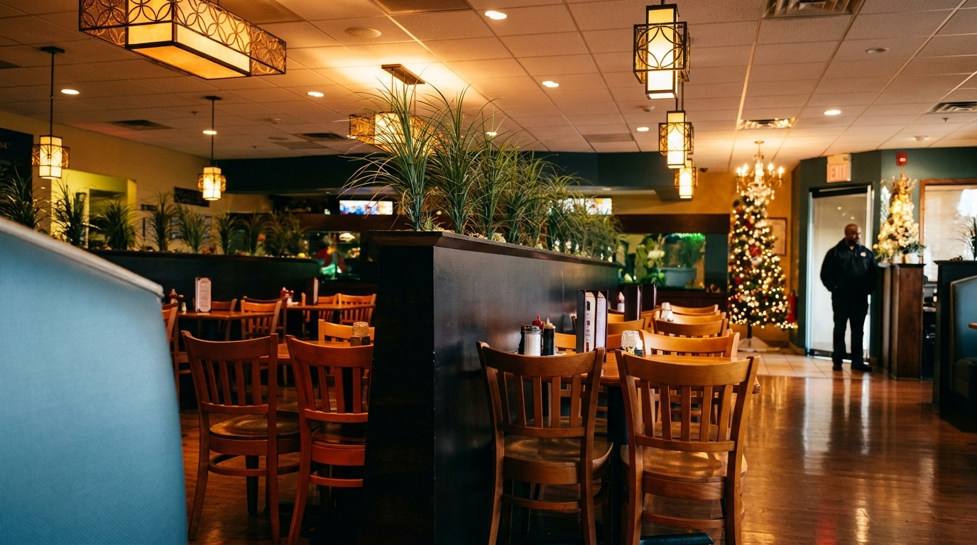 Restaurant interior with wooden tables and chairs, decorative plants, and a Christmas tree in the background.