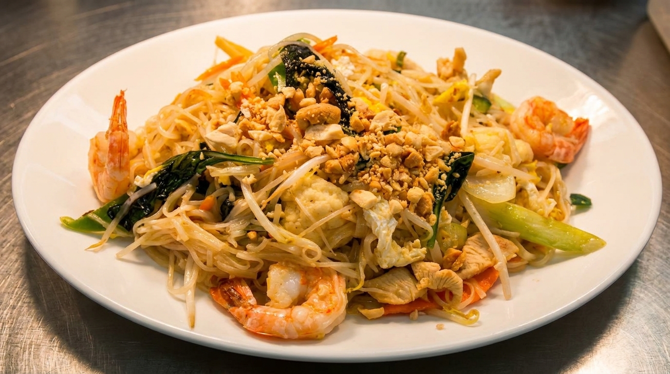 A white plate of Pad Thai noodles with shrimp, chicken, vegetables, and crushed peanuts.