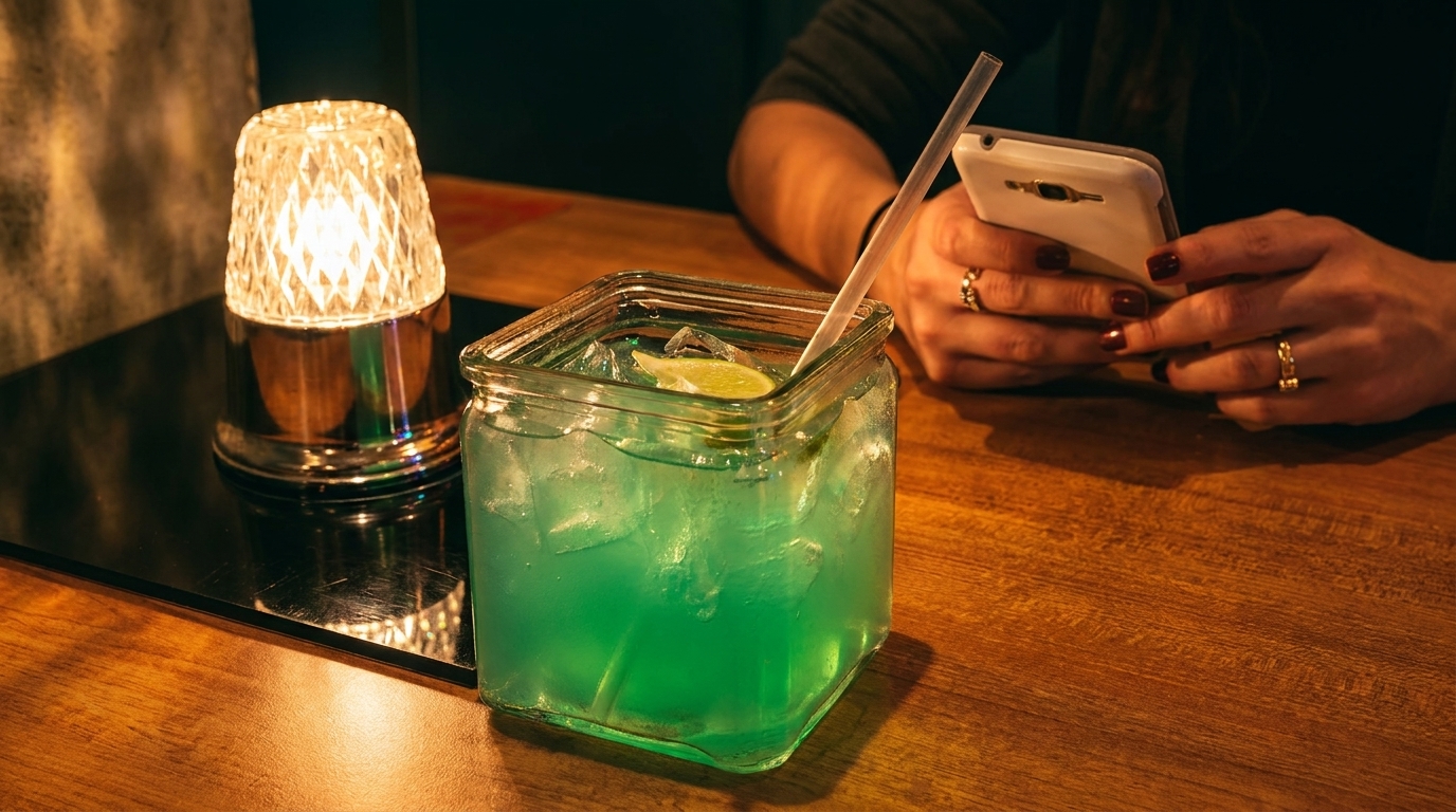 A person's hands holding a phone next to a blue cocktail and a glowing lamp on a wooden table.