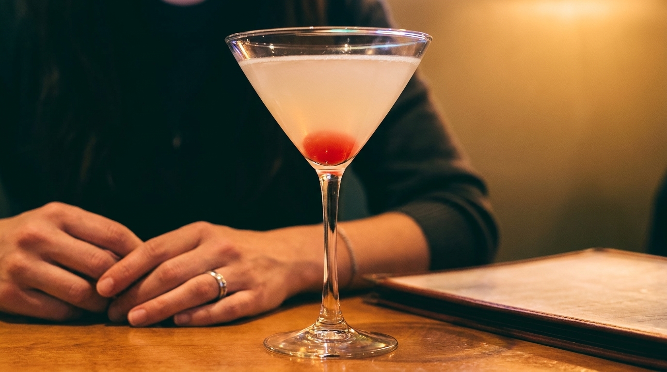 A martini glass with a light pink drink and a cherry, on a wooden table with a person's hands.