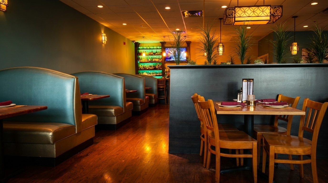 Restaurant interior with teal booths, wooden tables, chairs, and a bar with colorful lighting.