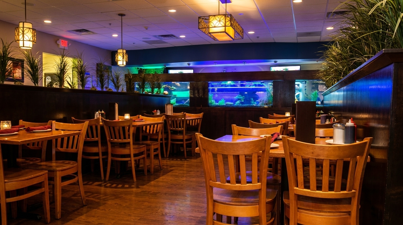 Restaurant dining room with wooden tables and chairs, illuminated aquariums, and decorative plants.