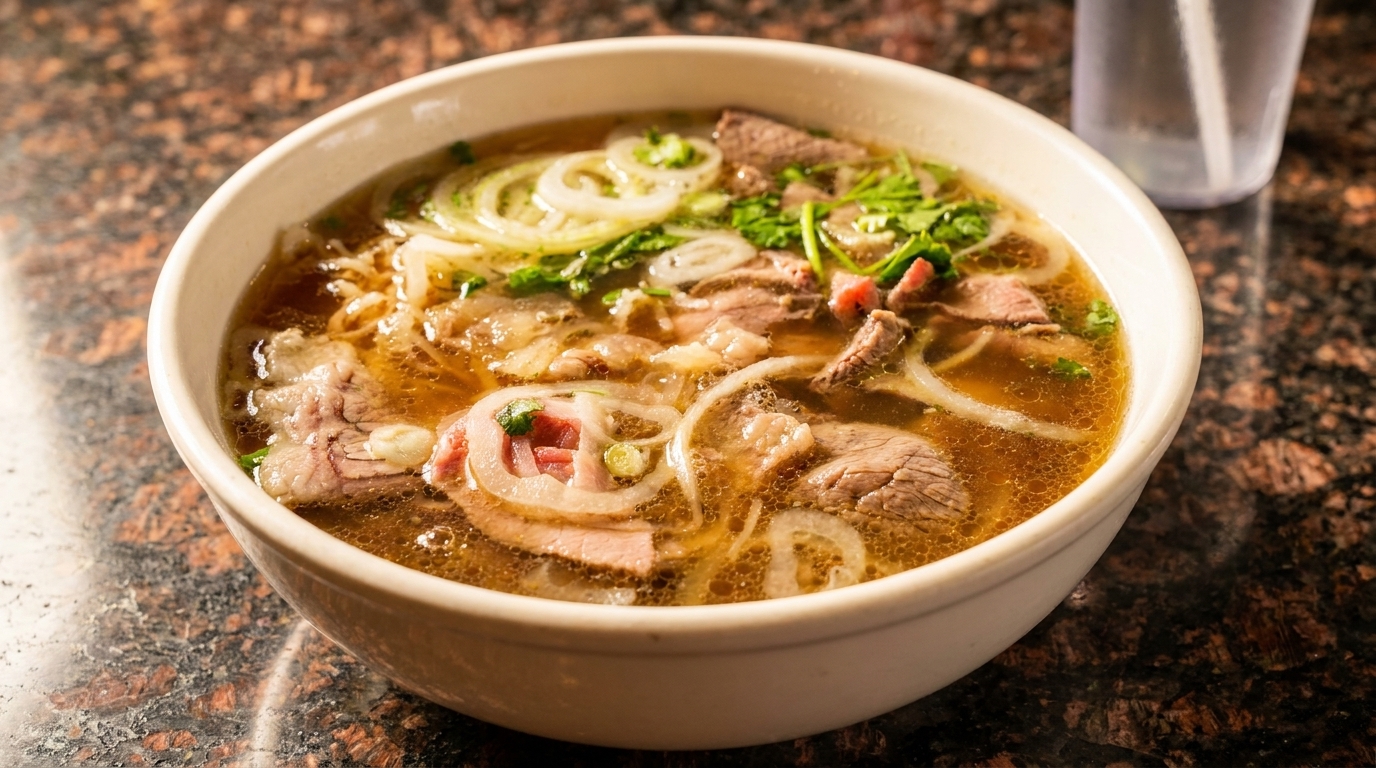 A bowl of pho with beef, noodles, onions, and cilantro in a rich broth.