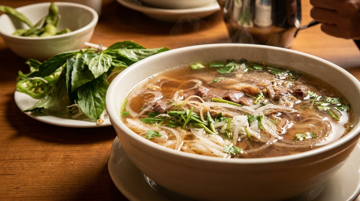 Steaming bowl of pho with beef, noodles, and herbs, alongside a plate of fresh basil and peppers.