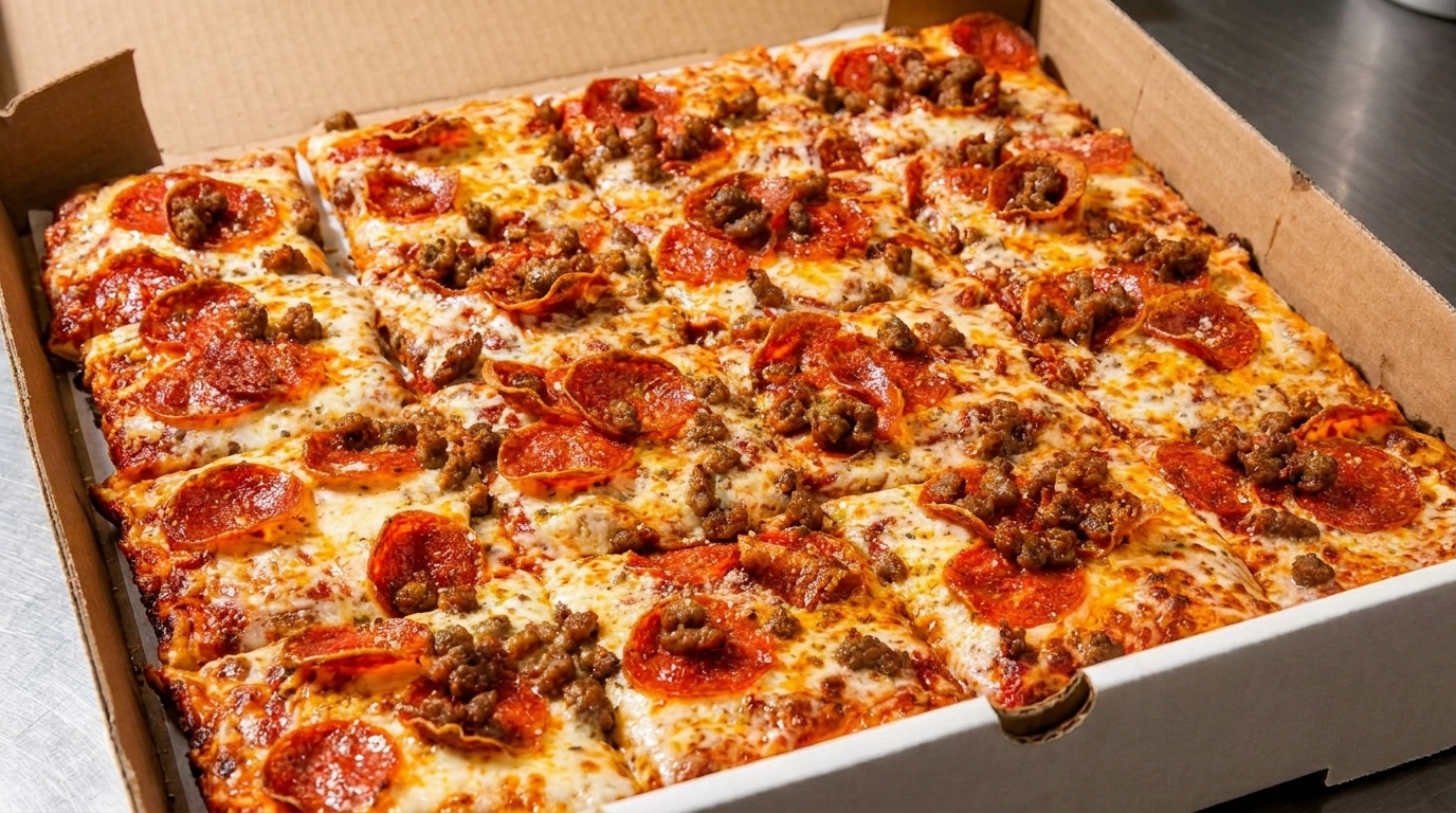 A square deep-dish pizza with pepperoni and sausage, cut into squares, in a cardboard box.