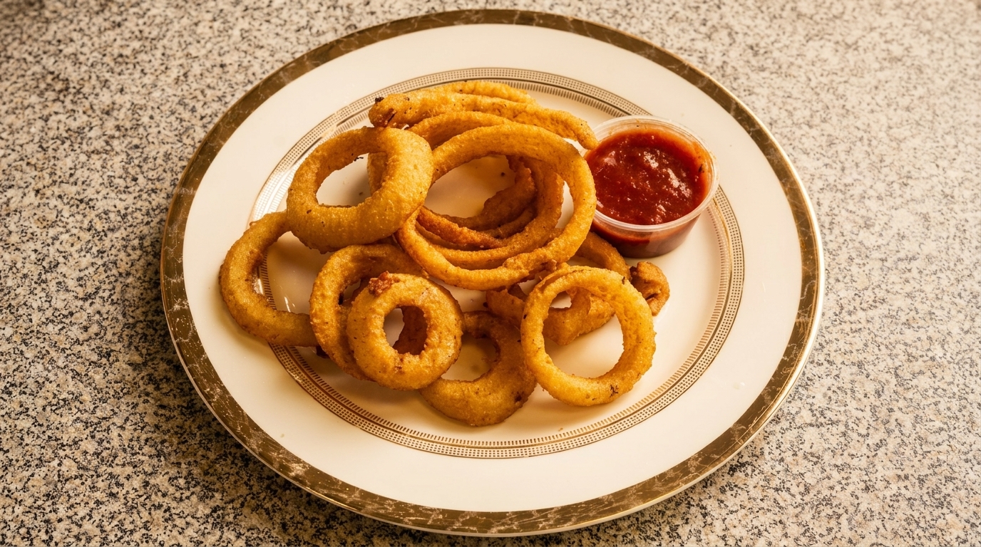 Golden-brown onion rings piled on a white plate with a side of red dipping sauce.