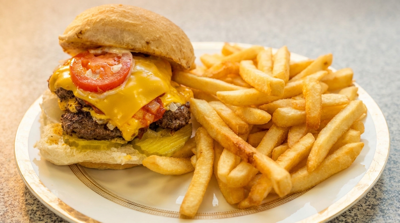 A double cheeseburger with tomato, pickles, and melted cheese, served with a side of golden fries.