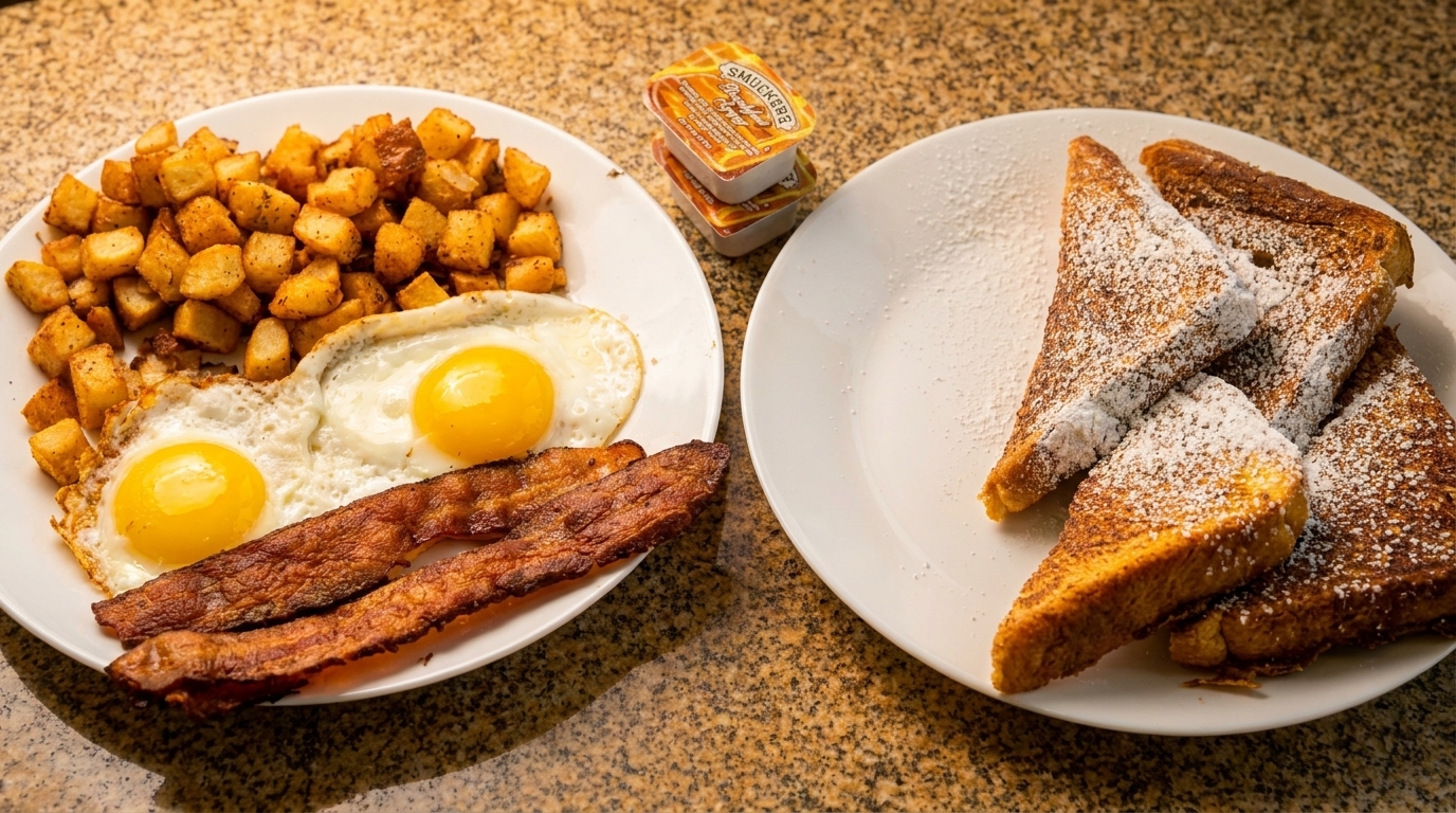 Plates of breakfast food with eggs, bacon, hash browns, and powdered sugar French toast.
