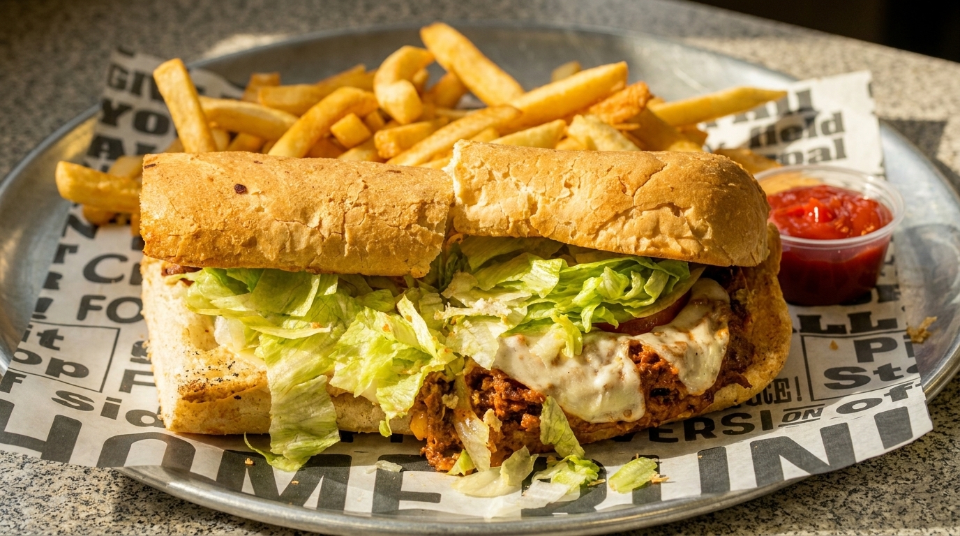A meatball sub with melted cheese and lettuce, served with fries and ketchup on a metal tray.