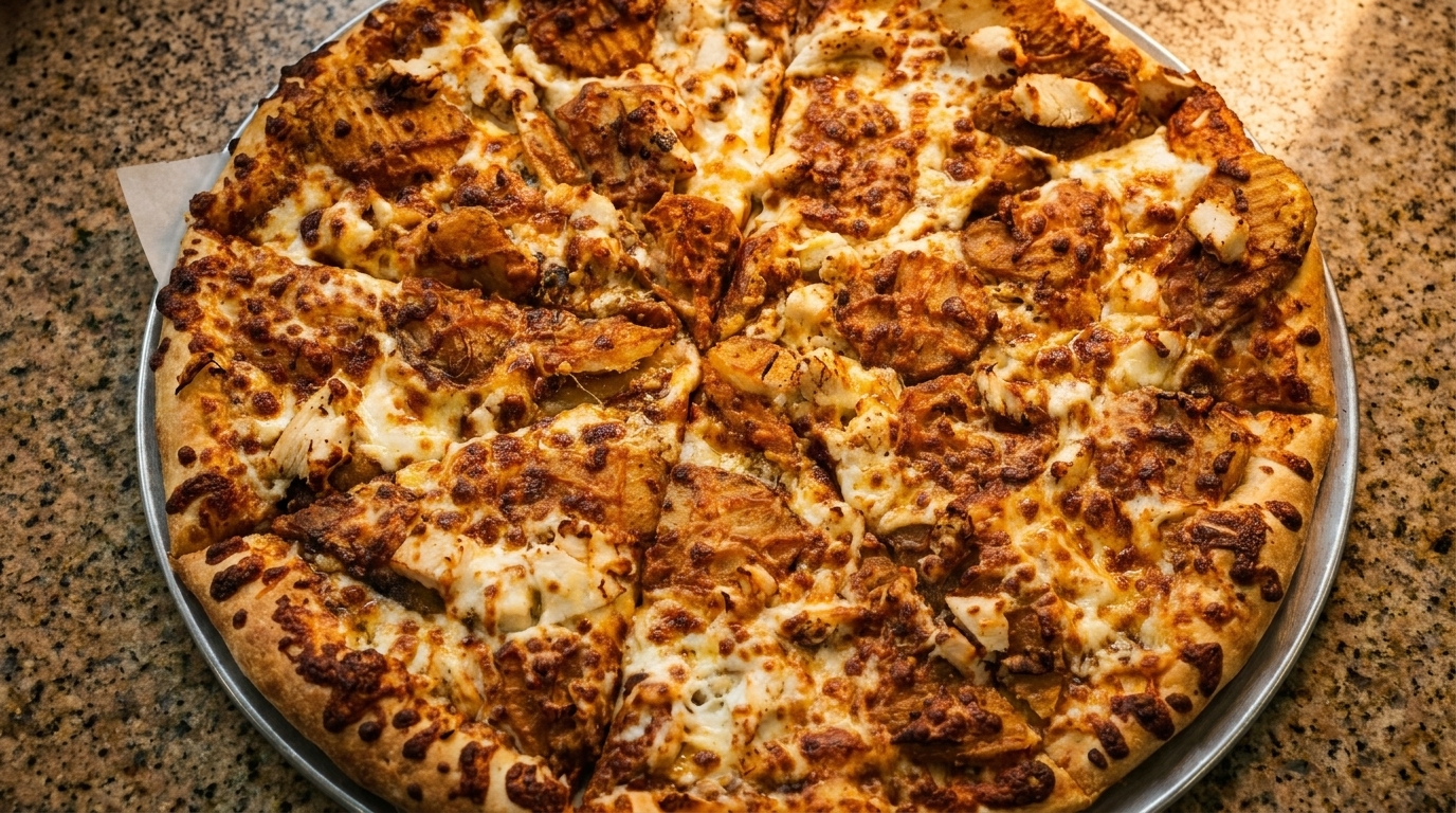 A whole, sliced BBQ chicken pizza with melted cheese on a metal pan.
