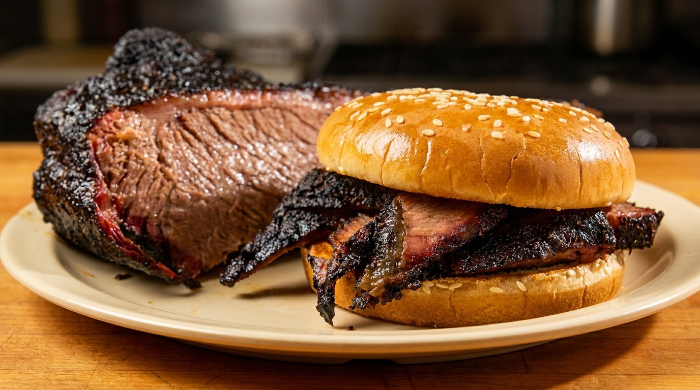 Smoked brisket sandwich with a sesame seed bun next to a large piece of sliced brisket.