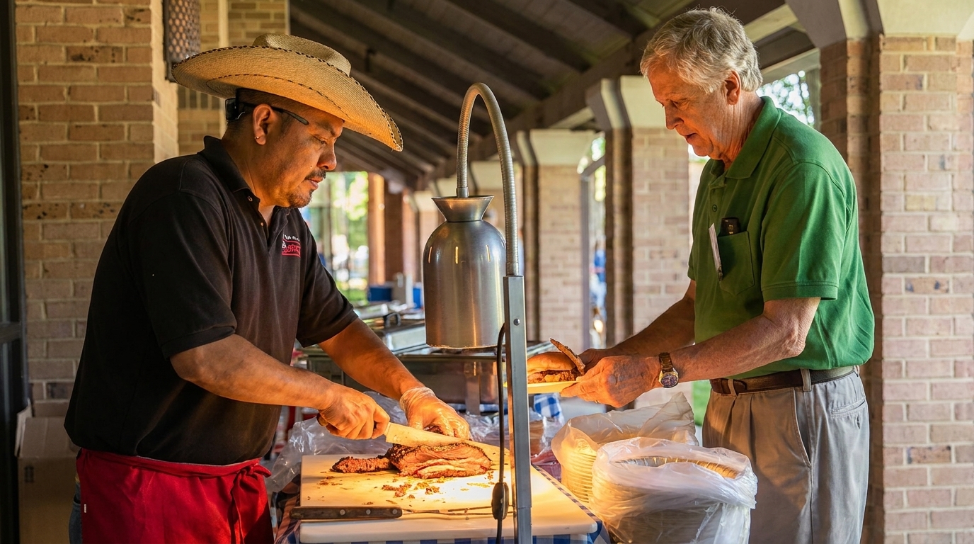 A chef in a straw hat carves brisket for a customer at an outdoor buffet station.
