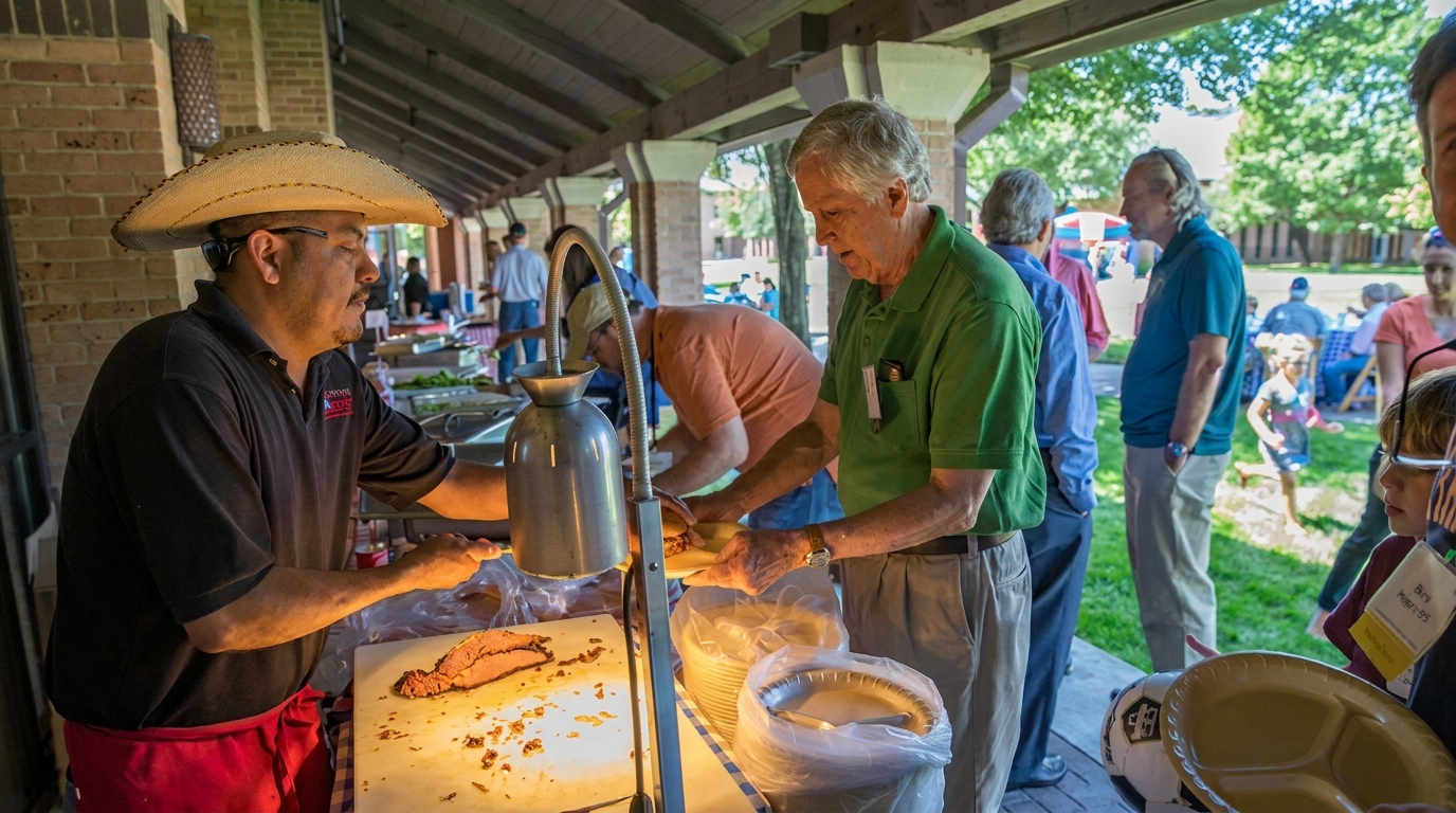 A man in a sombrero serves sliced brisket to guests at an outdoor buffet line.