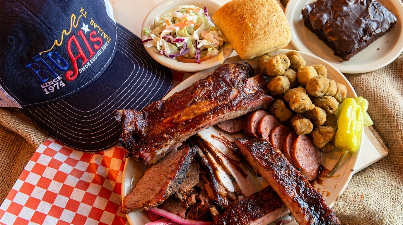 Big Al's Smokehouse BBQ hat next to a platter of ribs, brisket, sausage, fried okra, and coleslaw.