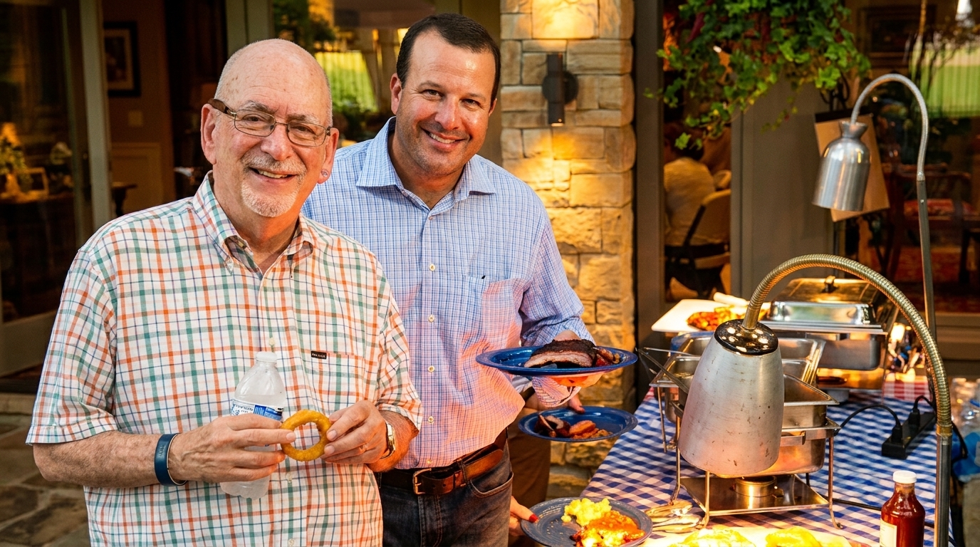 Two men smiling at a buffet table with barbecue food and warming trays.