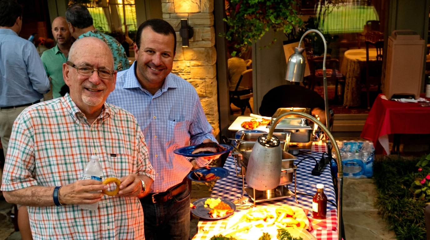 Two men smiling at an outdoor buffet with chafing dishes and food on checkered tablecloths.