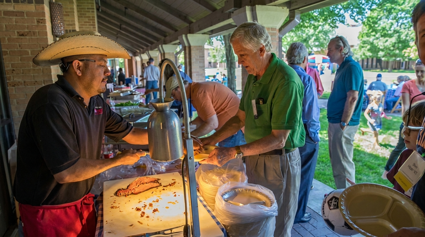 A man in a sombrero serves brisket to guests at an outdoor barbecue buffet.