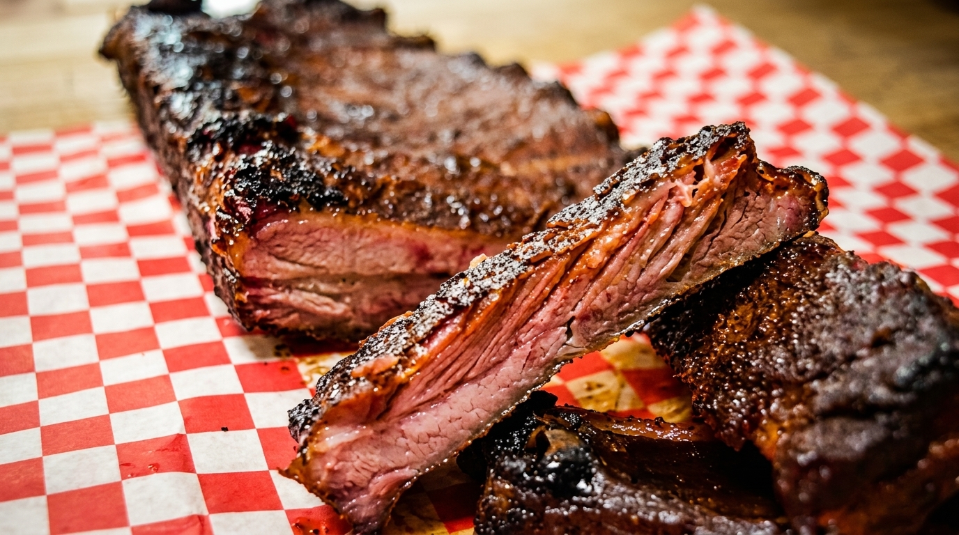 Close-up of a rack of smoked ribs with a cross-section showing tender meat on red and white checkered paper.
